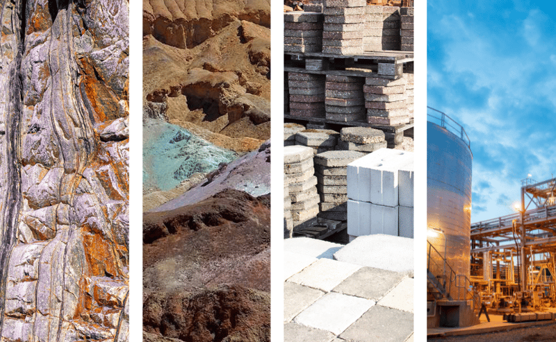 Images of rocks, piles of mined materials, building materials and an oil processing site
